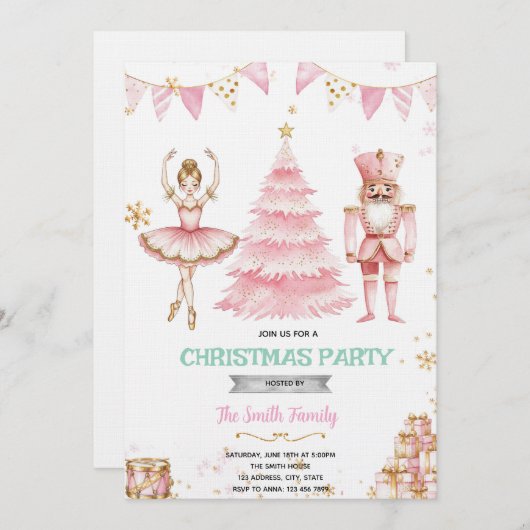 Christmas pink sugar plum nutcracker Invitation  (Devant / Derrière)