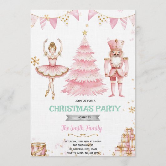Christmas pink sugar plum nutcracker Invitation  Kaart (Voorkant)
