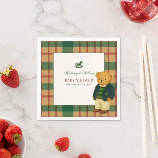 Christmas Plaid Preppy Bear Baby Shower Servet (Insitu)
