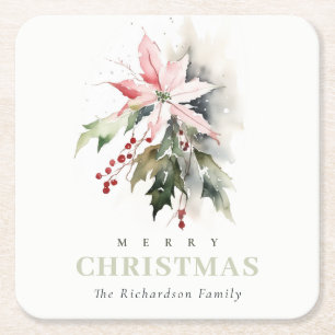 Christmas Poinsettia Berries Foliage Waterverf Vierkante Kartonnen Onderzetter