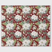 Christmas Poinsettia Donkerrood Wit Groen Cadeaupapier (Vlak)