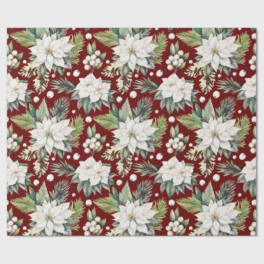 Christmas Poinsettia Donkerrood Wit Groen Cadeaupapier (Vlak)