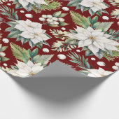 Christmas Poinsettia Donkerrood Wit Groen Cadeaupapier (Hoek)