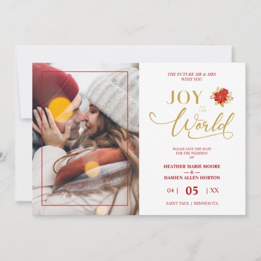 Christmas Poinsettias Wreath Photo Wedding Couple Save The Date (Voorkant)