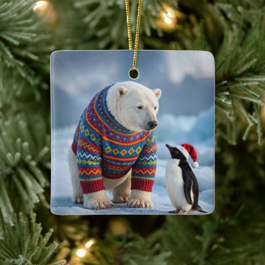 Christmas Polar Bear and Penguin On a Glacier Keramisch Ornament (Boom)