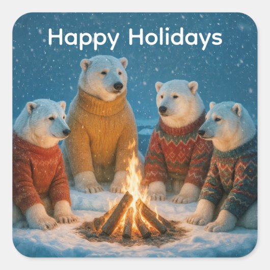 Christmas Polar Bears Around a Bonfire Vierkante Sticker (Voorkant)