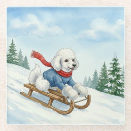 Christmas Poodle Sledding, Glass Coaster Glazen Onderzetter