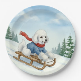 Christmas Poodle Sledding, Paper Plates Papieren Bordje
