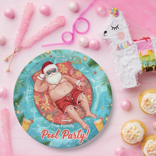 Christmas Pool Party with Santa Claus  Papieren Bordje (Feest)
