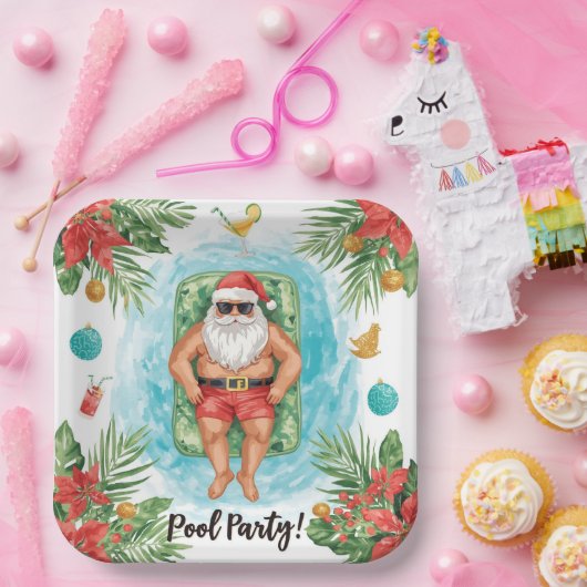 Christmas Pool Party with Santa Claus Papieren Bordje (Feest)