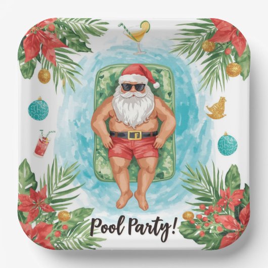Christmas Pool Party with Santa Claus Papieren Bordje (Voorkant)