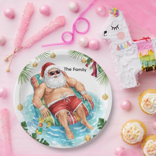 Christmas Pool Party with Santa Claus Papieren Bordje (Feest)