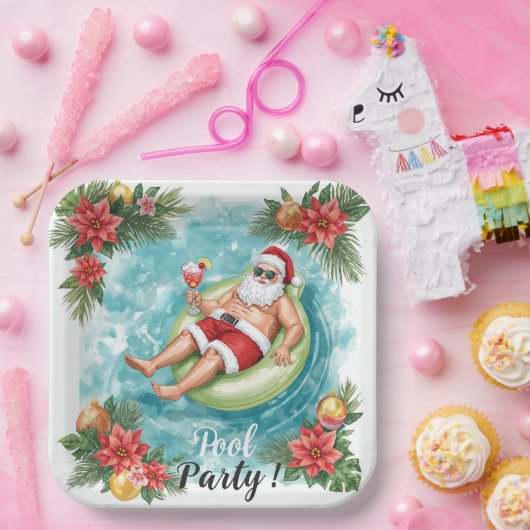 Christmas Pool Party with Santa Claus  Papieren Bordje (Feest)