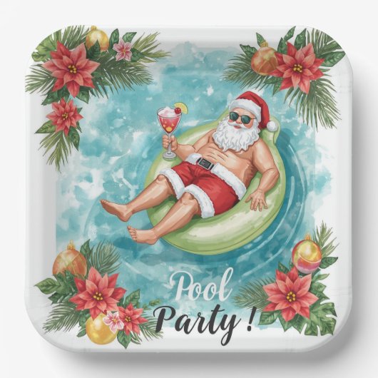 Christmas Pool Party with Santa Claus  Papieren Bordje (Voorkant)