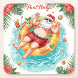 Christmas Pool Party with Santa Claus  Vierkante Kartonnen Onderzetter