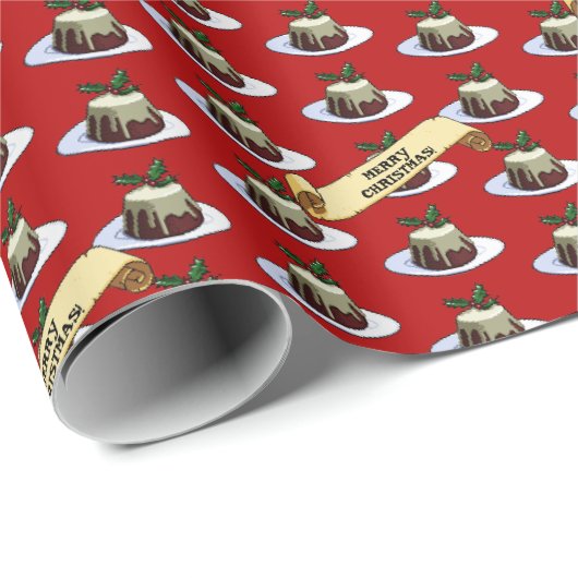 Christmas Pudding Merry Christmas! Holly Pattern Cadeaupapier (Rol Hoek)