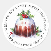 Christmas pudding waterverf familienaam ronde sticker (Voorkant)