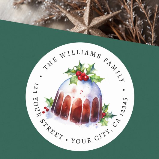 Christmas pudding waterverf retouradres ronde sticker
