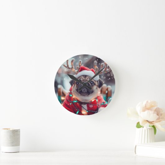 Christmas Pug Wall Clock with Reindeer Antlers - F Ronde Klok (Huis)