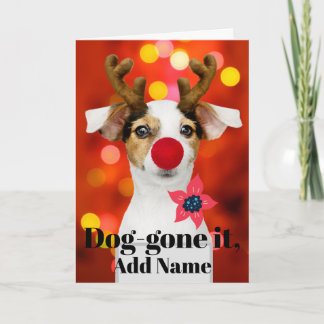 Christmas Pup Antlers Add Name Holiday Card Feestdagen Kaart