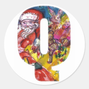 CHRISTMAS Q BRIEF / SANTA MET GIFTS MONOGRAM RONDE STICKER