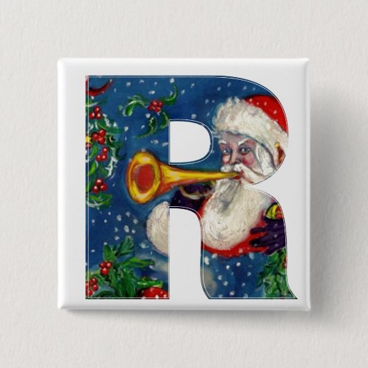 CHRISTMAS R LETTER/SANTA BUGLER MONOGRAM VIERKANTE BUTTON 5,1 CM (Voorkant)