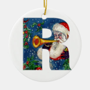 CHRISTMAS R LETTER/SANTA CLAUS BUGLER MONOGRAM KERAMISCH ORNAMENT