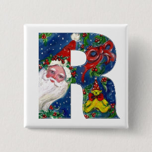 CHRISTMAS R LETTER/SANTA RED RIBBON MONOGRAM VIERKANTE BUTTON 5,1 CM