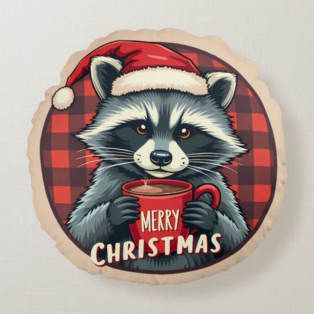 Christmas Raccoon Cocoa Cheer Rond Kussen (Voorkant)