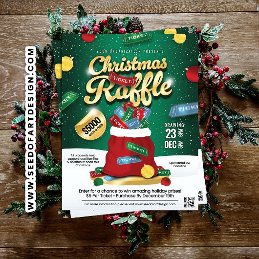 Christmas Raffle Green & Gold Holiday Ticket Sack  Flyer