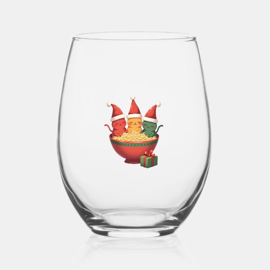 Christmas Ramen Cat Santa Anime Meow Kitty Meow Ca Wijnglas Zonder Voet (Voorkant)