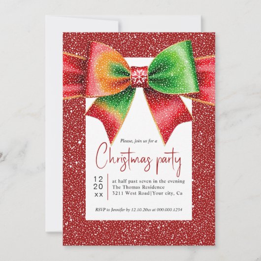 Christmas red and green bow and snowflakes party kaart (Voorkant)