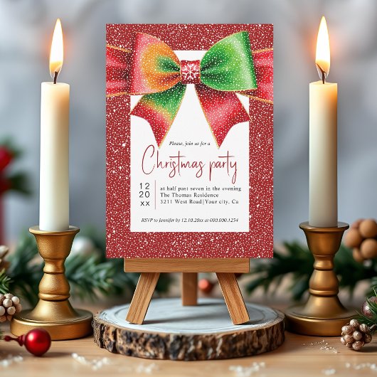 Christmas red and green bow and snowflakes party kaart