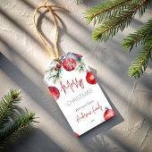 Christmas red baubles snowy pines cadeaulabel