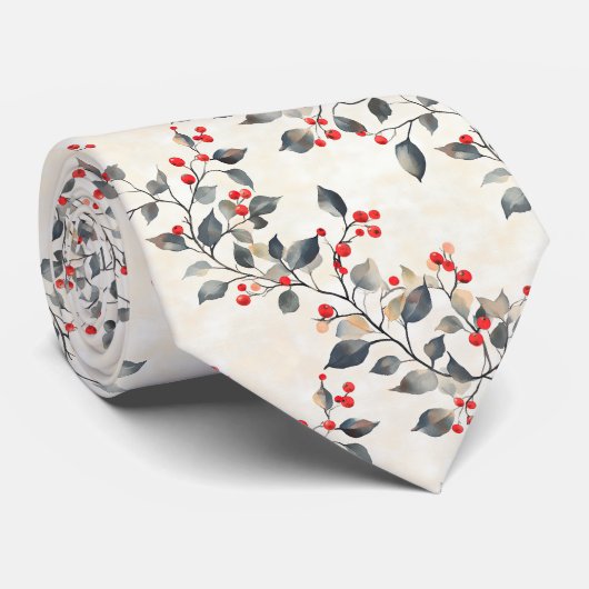 Christmas Red Berries Green Branches Stropdas (Opgerold)