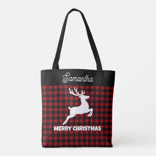 Christmas Red & Black Plaid Reindeer Custom Name Draagtas (Achterkant)