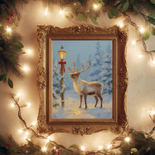 Christmas Reindeer Under the Lamp Light Poster