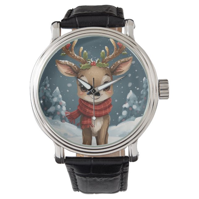 christmas reinder engraved modern leather elegant  horloge (Voorkant)