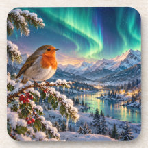 Christmas Robin Northern Lights Winter Wonderland