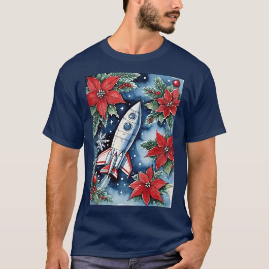 Christmas Rocket Launch With Poinsettias At Night T-shirt (Voorkant)