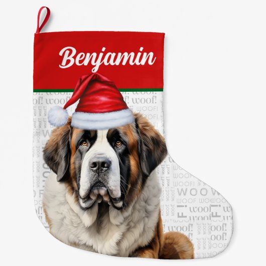 Christmas Saint Bernard Dog with Name Woof Grote Kerstsok (Voorkant)