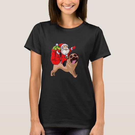 Christmas Santa Claus Riding Pug Dog Xmas Pajama T-shirt (Voorkant)