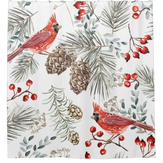 Christmas seamless pattern, cardinal birds, red be douchegordijn (Voorkant)