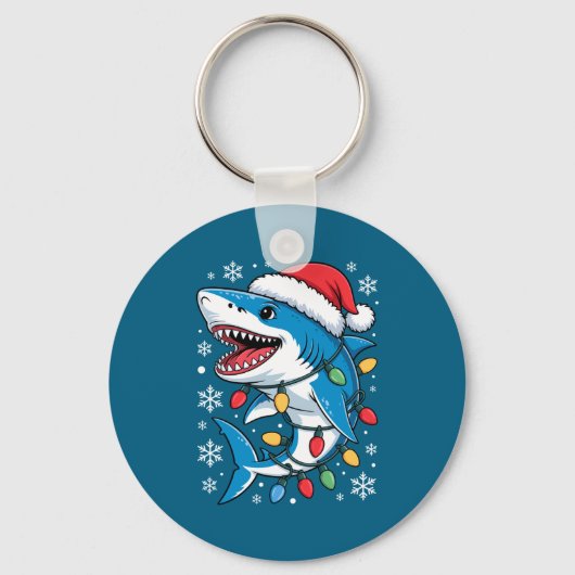 Christmas Shark Santa Hat Wrapped Lights Holiday S Sleutelhanger (Voorkant)