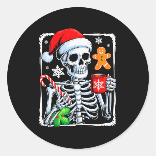 Christmas Skeleton Hot Chocolate Funny Xmas Men Wo Ronde Sticker (Voorkant)