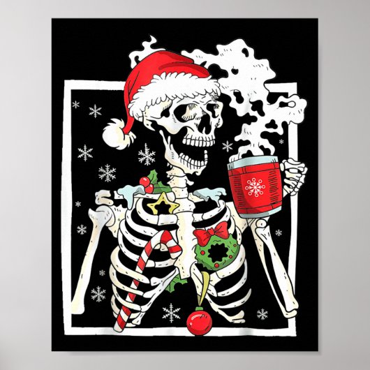 Christmas Skeleton With Smiling Skull Drinking Cof Poster (Voorkant)