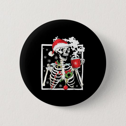 Christmas Skeleton With Smiling Skull Drinking Cof Ronde Button 5,7 Cm (Voorkant)