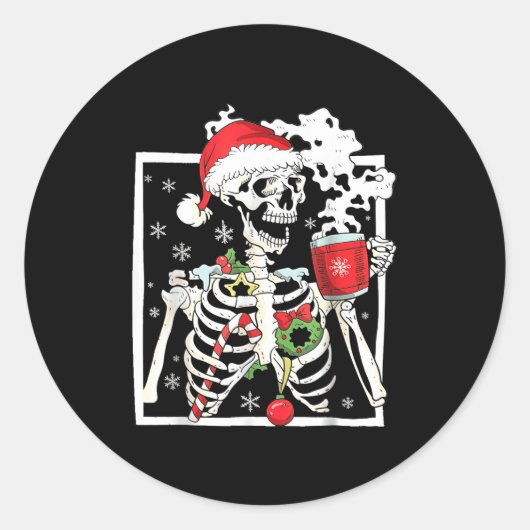 Christmas Skeleton With Smiling Skull Drinking Cof Ronde Sticker (Voorkant)