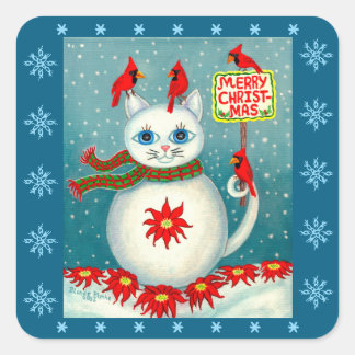 Christmas Snowcat Cardinal Bird Snowman Poinsettia Vierkante Sticker
