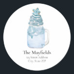Christmas Snowflake Blue Milshake Adresse<br><div class="desc">Illustration du milk-shake bleu dans une bocale de mason recouverte de crème fouettée,  de sauterelles de flocon et de biscuit de Noël.</div>